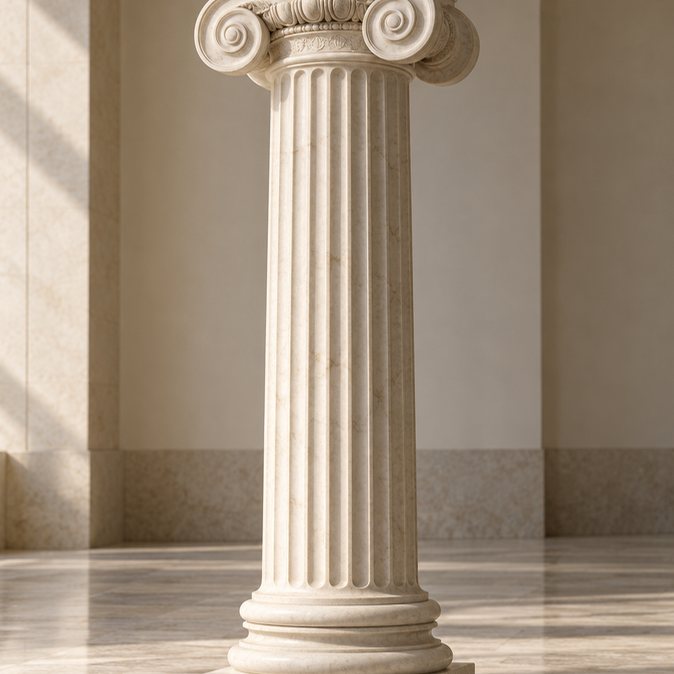 A classical Ionic column with a carved scroll capital, the historical reference for the store design