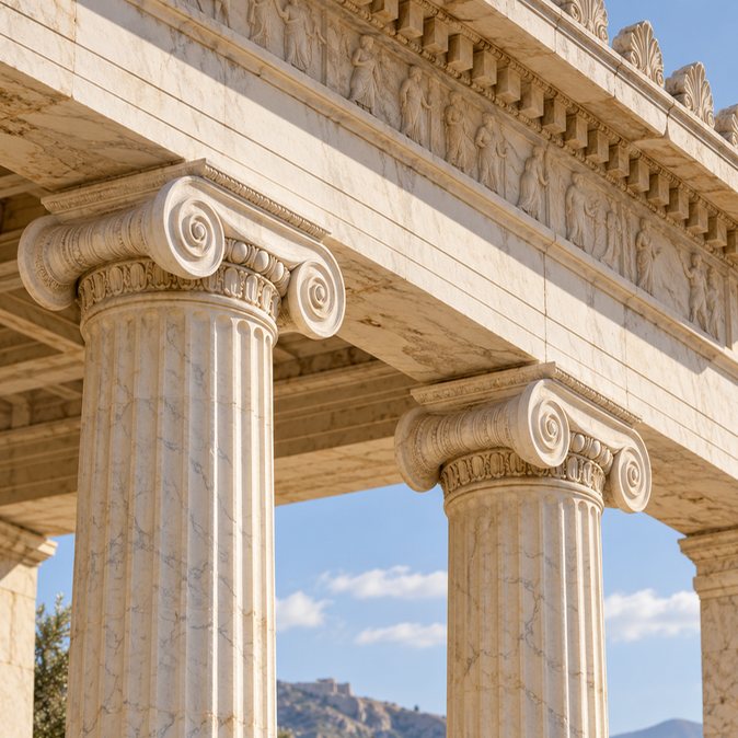 A classical stone entablature above Ionic columns