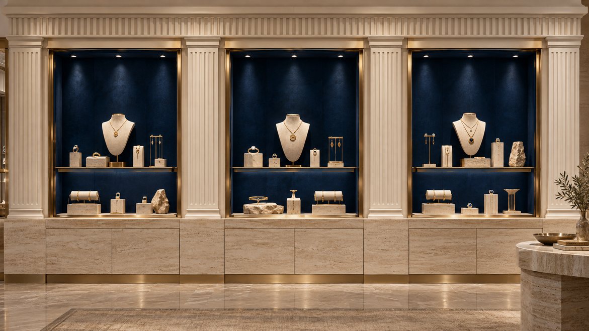 A classical bust wearing a necklace as a seasonal jewellery window display