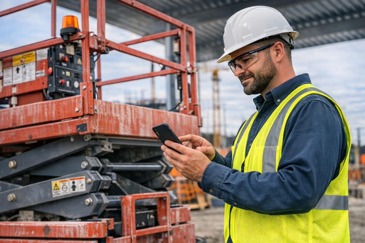 Field crew worker documenting an inspection on a mobile device