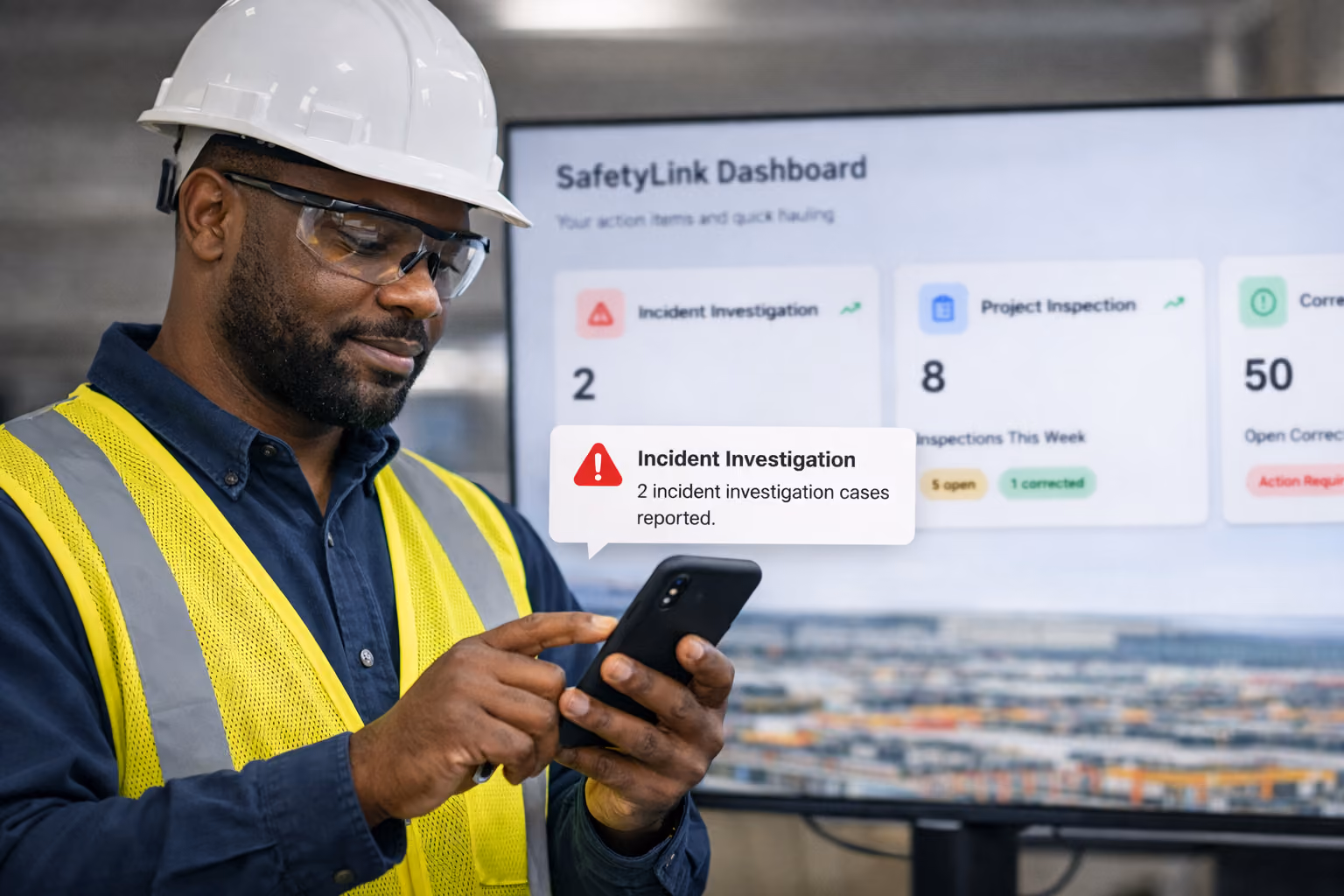 Safety manager monitoring multiple live project feeds on screens