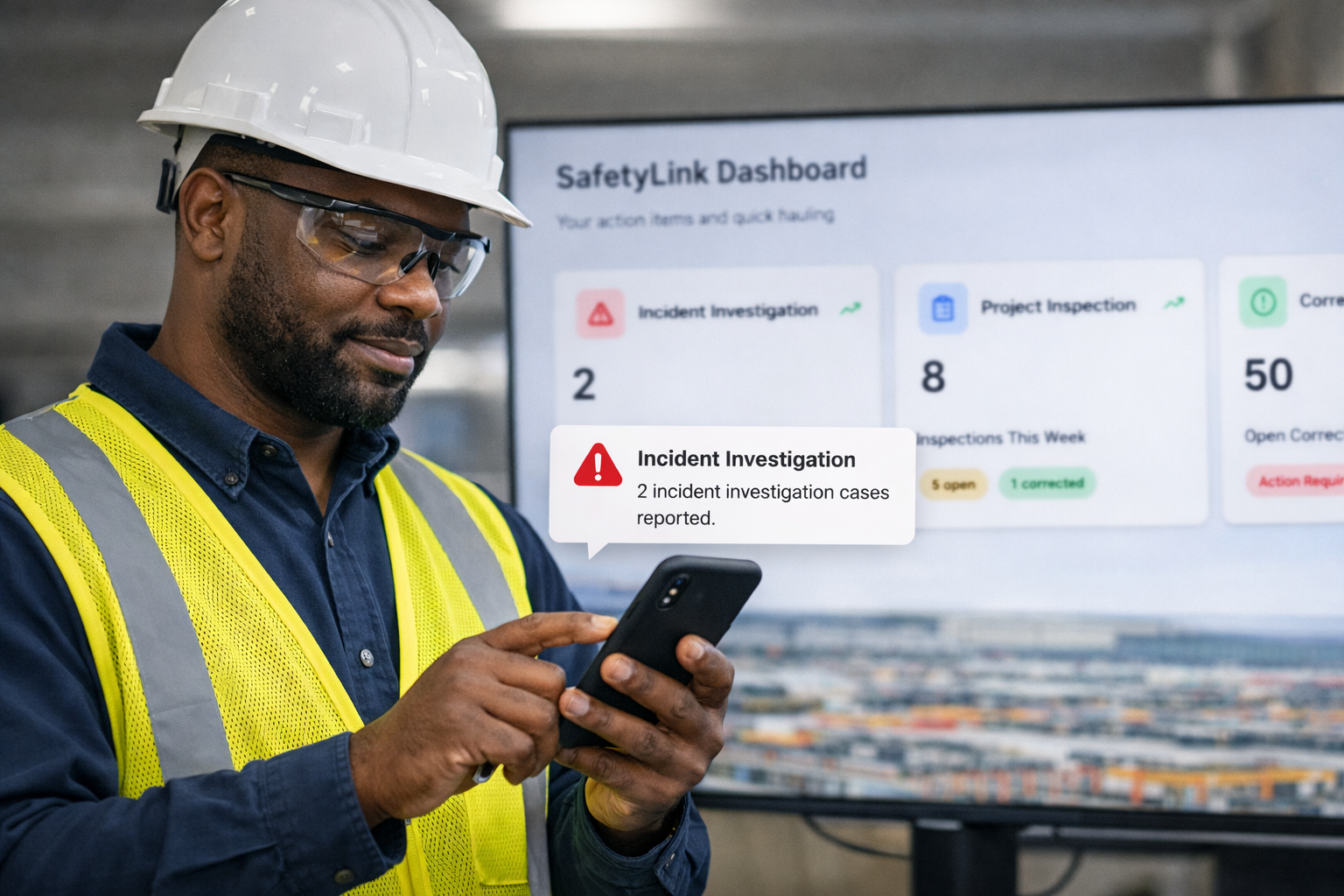 Safety manager monitoring multiple live project feeds on screens