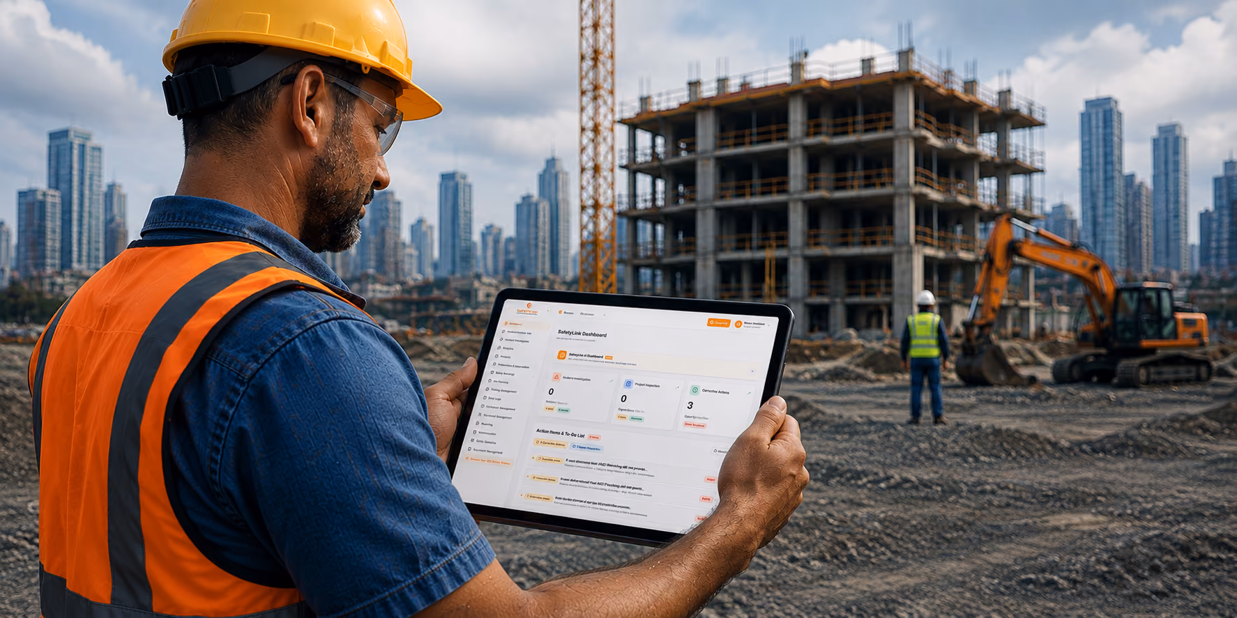 Construction manager holding a tablet running Safety Compliance software on a job site