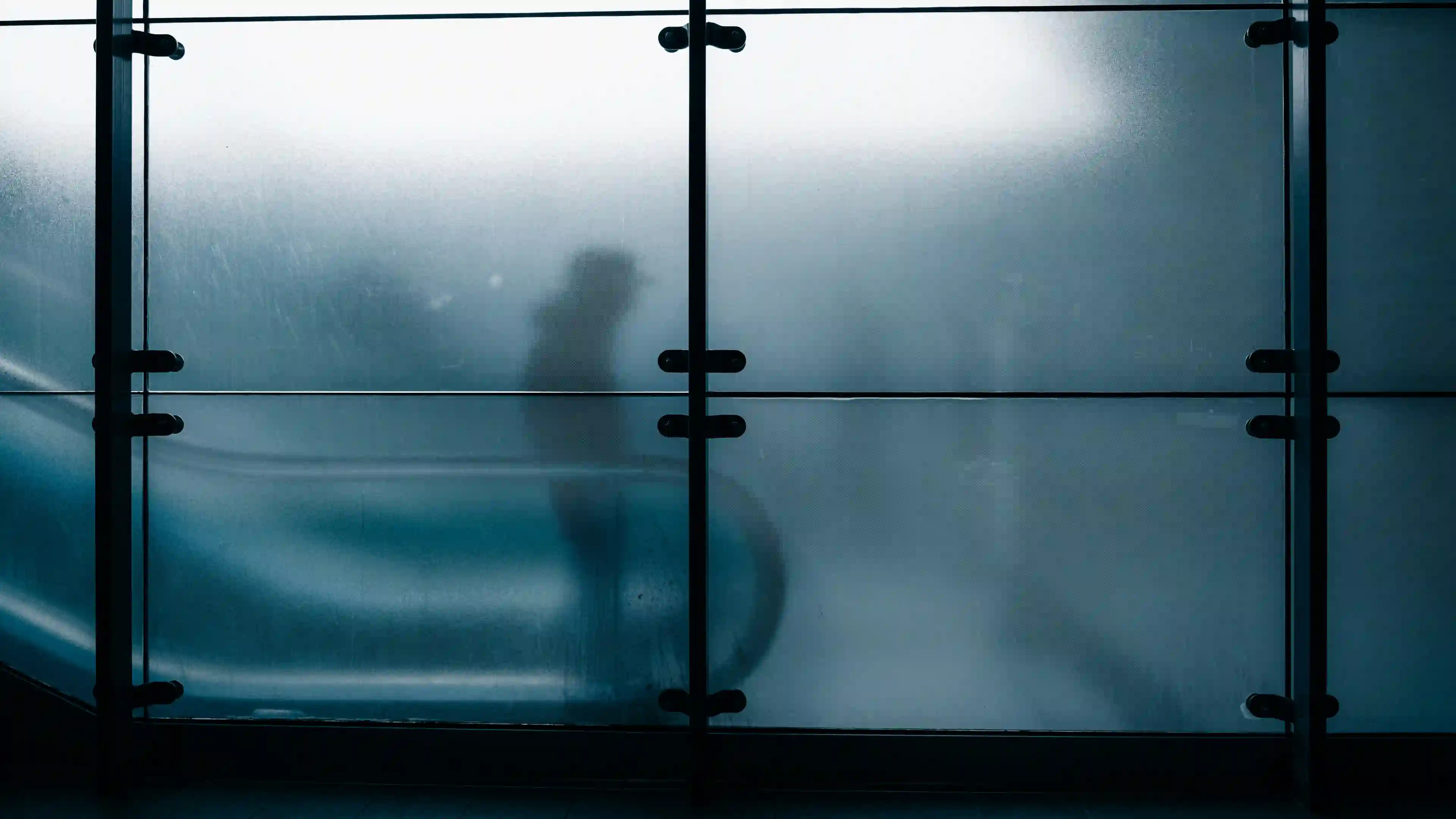 Silhouette of a person on a moving escalator behind frosted glass panels.