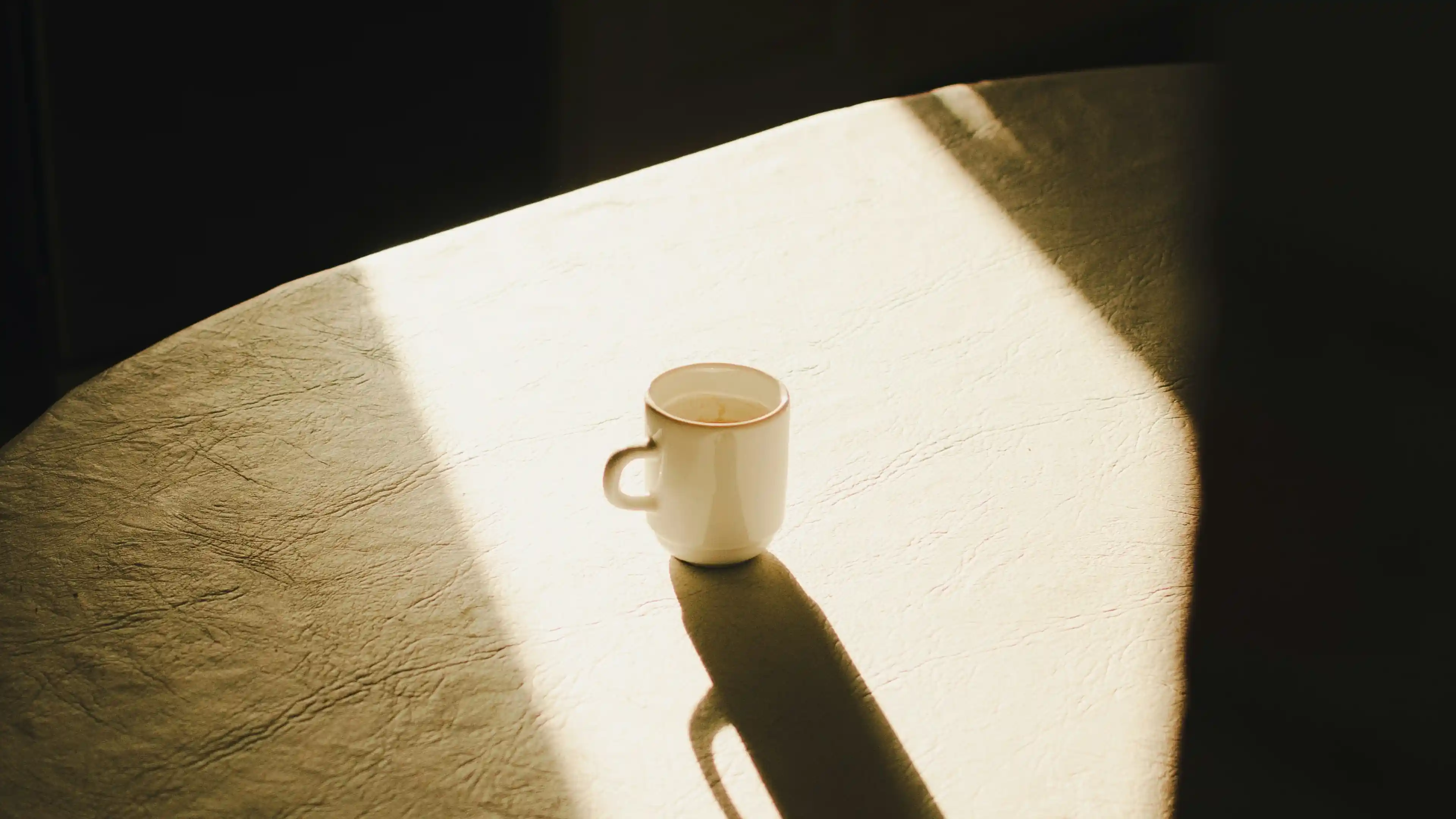 White ceramic mug casting a long shadow on a textured light-colored surface under warm sunlight.