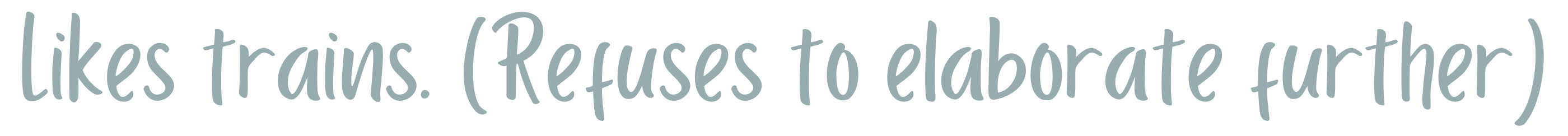 Text in casual font saying: likes trains. (Refuses to elaborate further)