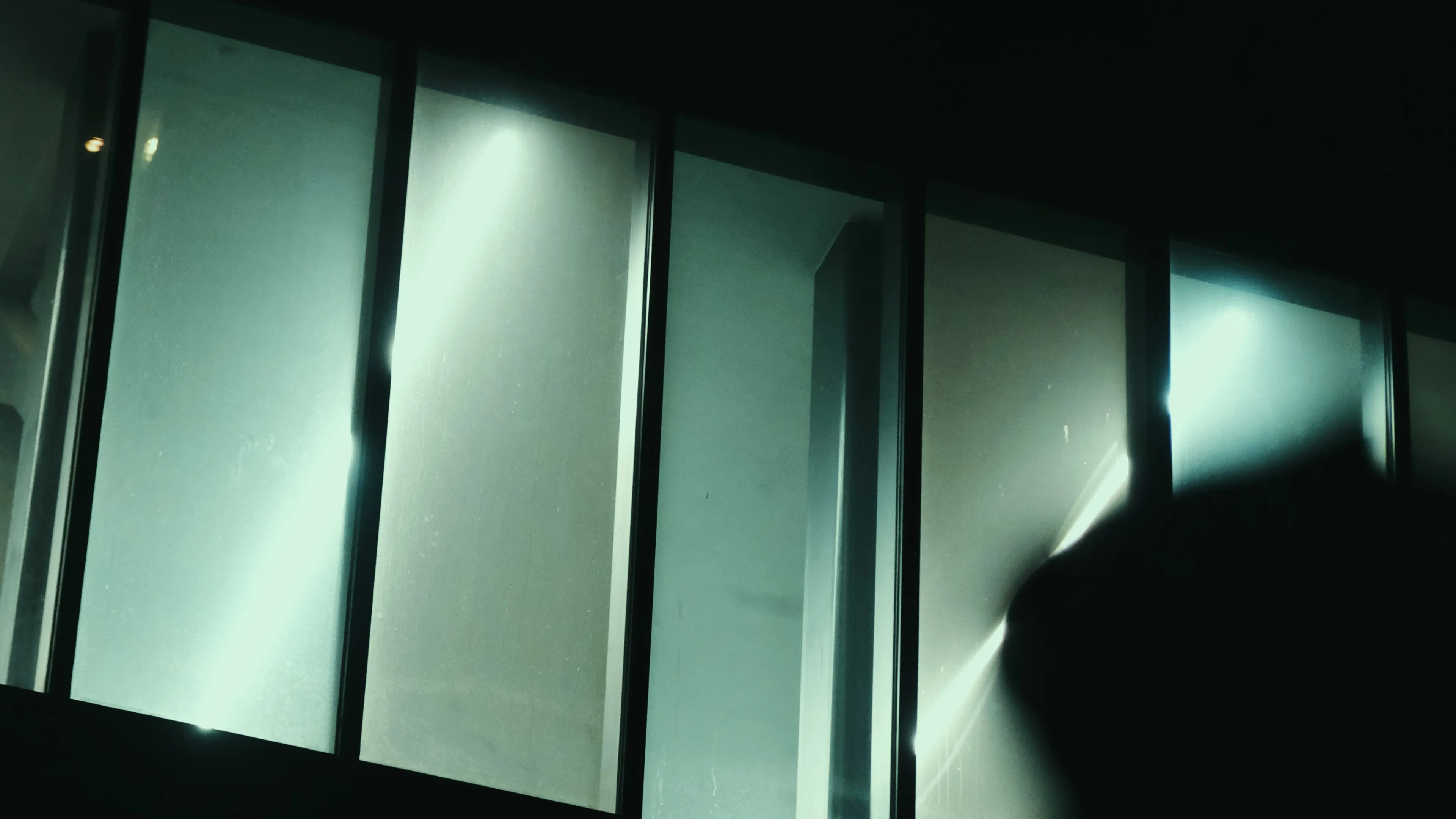 Bright light beams shining through tall vertical glass panels in a dark room.