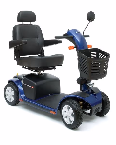 Blue four-wheeled motorized mobility scooter with black seat, armrests, and front basket.