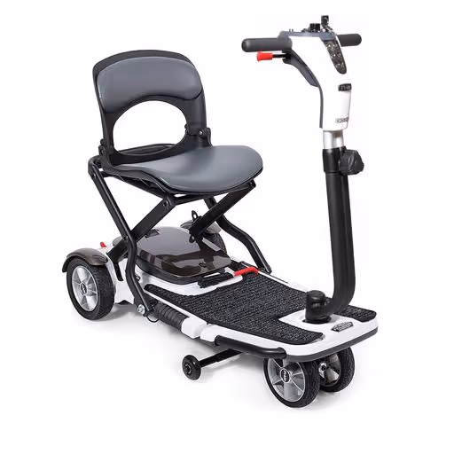 Compact folding mobility scooter with padded seat and handlebar controls.