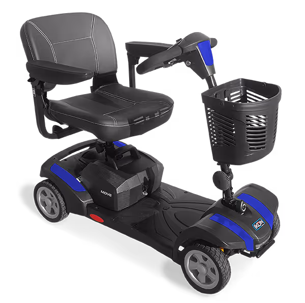 Black mobility scooter with blue accents, padded seat, armrests, and a front basket.