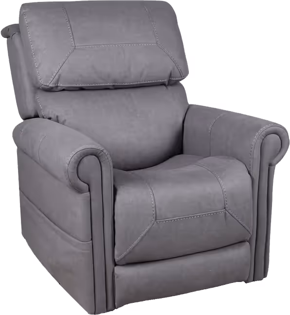Gray upholstered recliner chair with padded armrests and cushioned backrest.