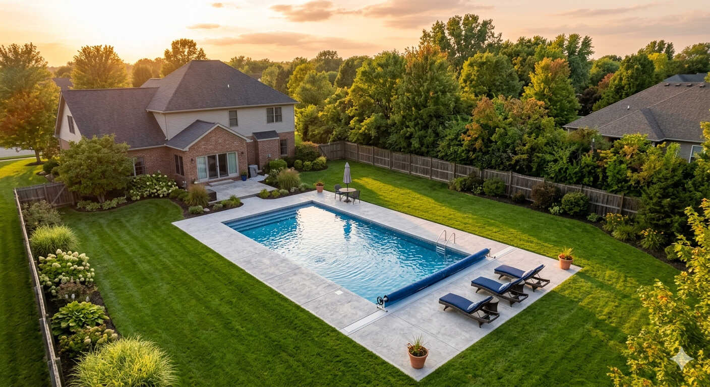 Aerial view of a custom inground pool on acreage in Highland County, Ohio