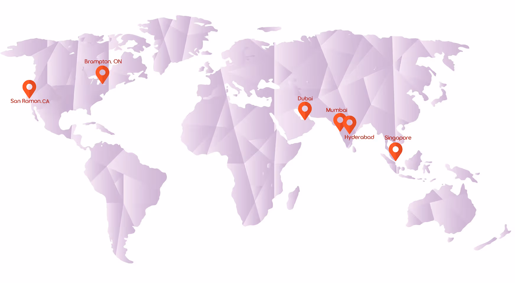 World map marked with locations: San Ramon, CA; Brampton, ON; Dubai; Mumbai; Hyderabad; and Singapore.