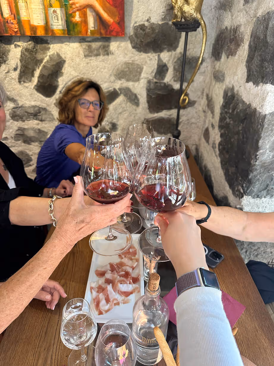 Women sitting at a table cheersing wine glasses together