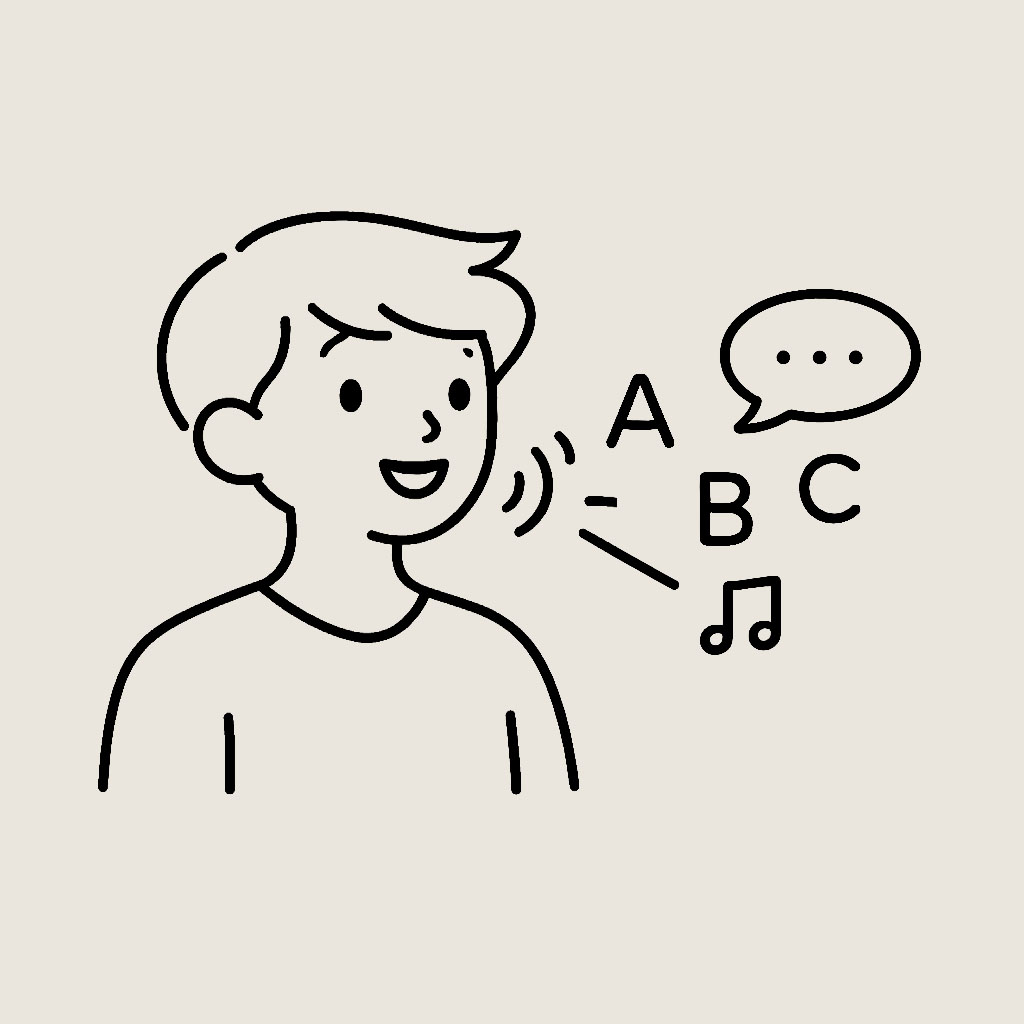 Strichzeichnung eines lächelnden Kindes, das spricht, umgeben von Buchstaben A, B, C, einem Musikzeichen und einer Sprechblase mit Punkten.