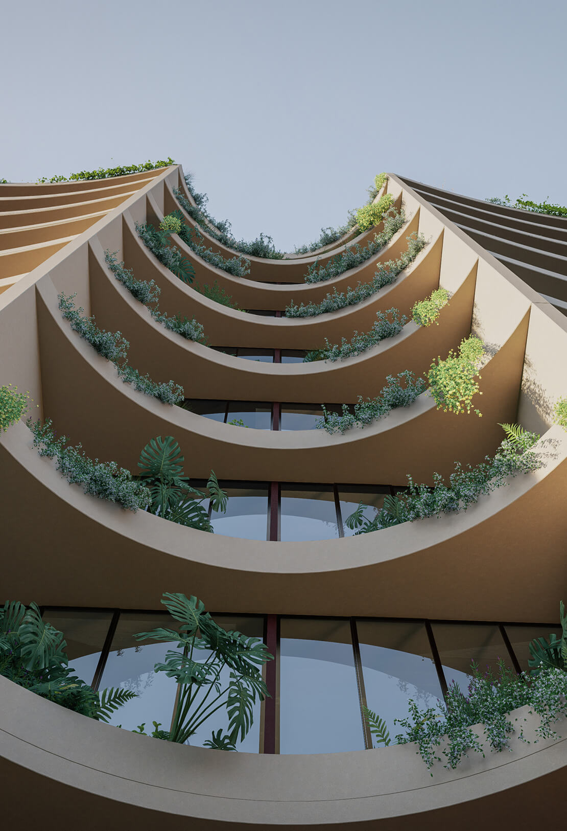 A modern building viewed from below, featuring curved balconies adorned with greenery and large windows against a clear sky.