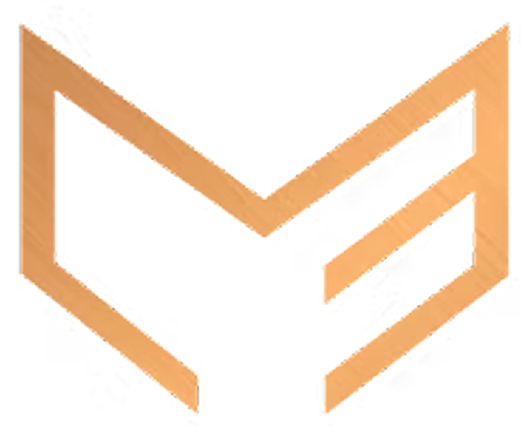 Stylized geometric logo with interlocking shapes forming an abstract letter M.