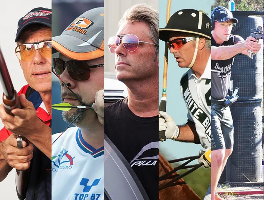 Five men engaged in different sports: shooting, archery, driving, polo, and pistol shooting.