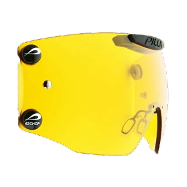 Yellow tinted face shield with black adjustable headband and attachment knobs.