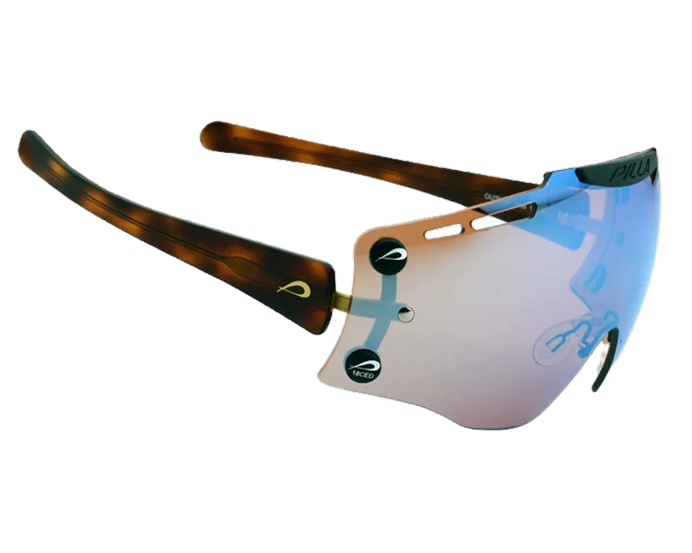 Sports sunglasses with a single reflective blue lens and tortoiseshell-patterned arms.
