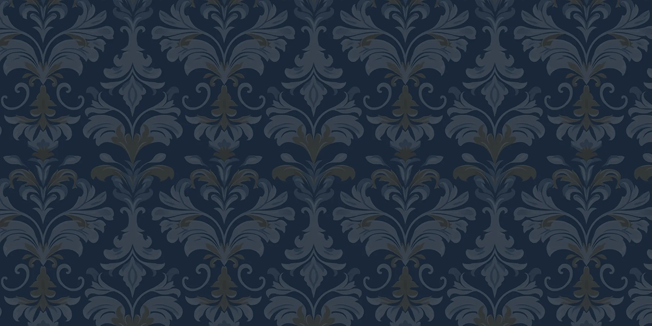 Seamless dark blue damask wallpaper pattern with floral and leaf motifs.