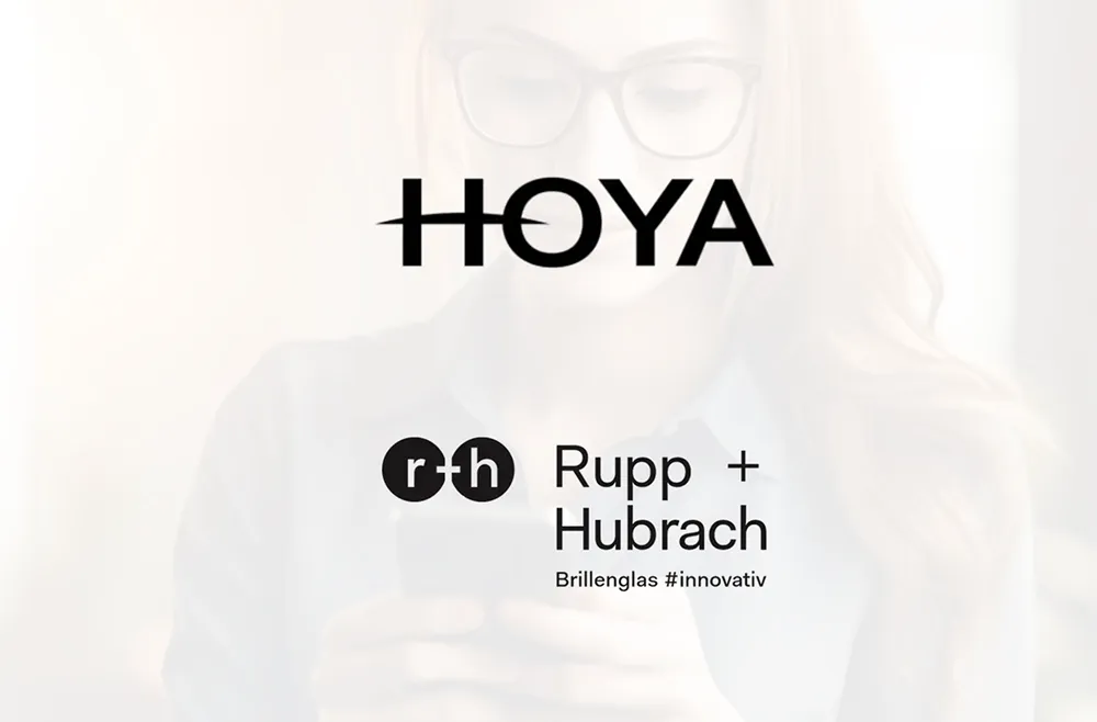 HOYA logo above Rupp+Hubrach logo with text Brillenglas #innovativ on a blurred woman background.
