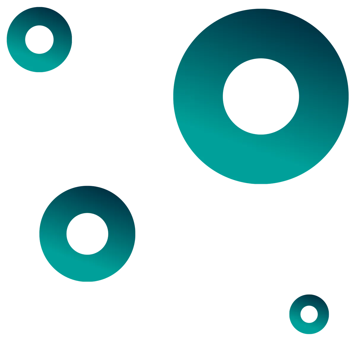 Four teal and blue gradient ring shapes on black background, varying in size and positioned randomly.