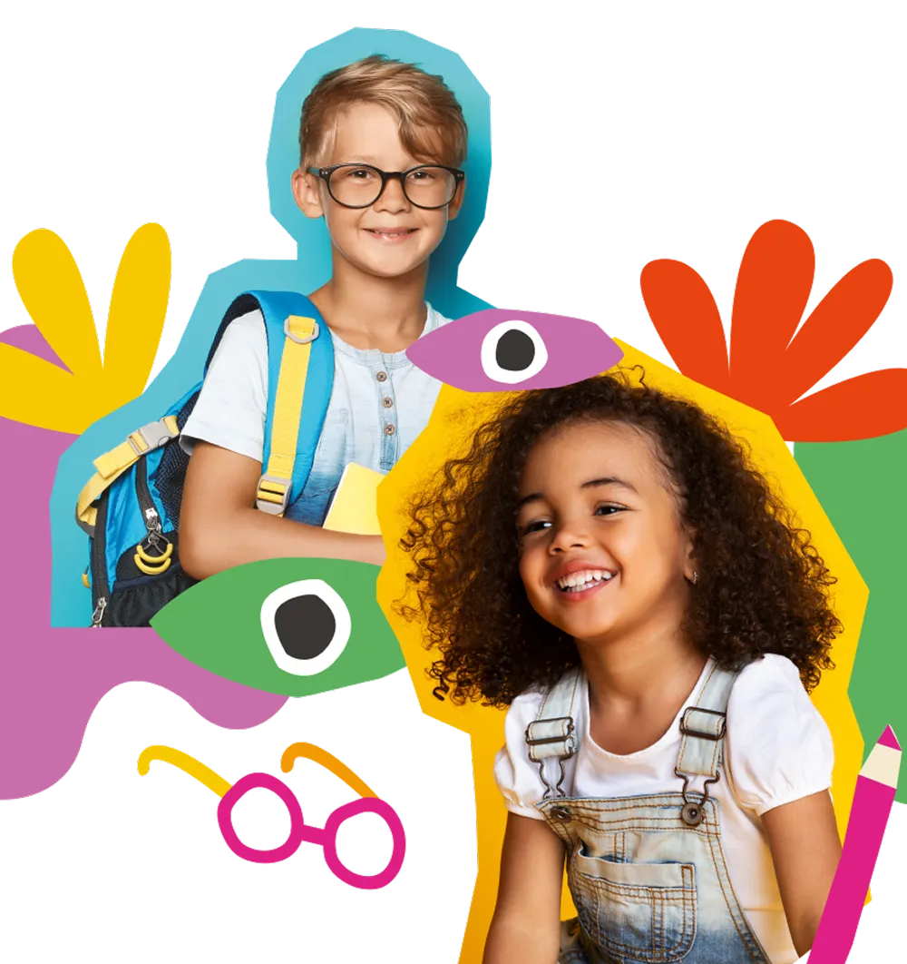 Smiling boy with glasses and backpack and smiling girl in overalls with curly hair on colorful backdrop.