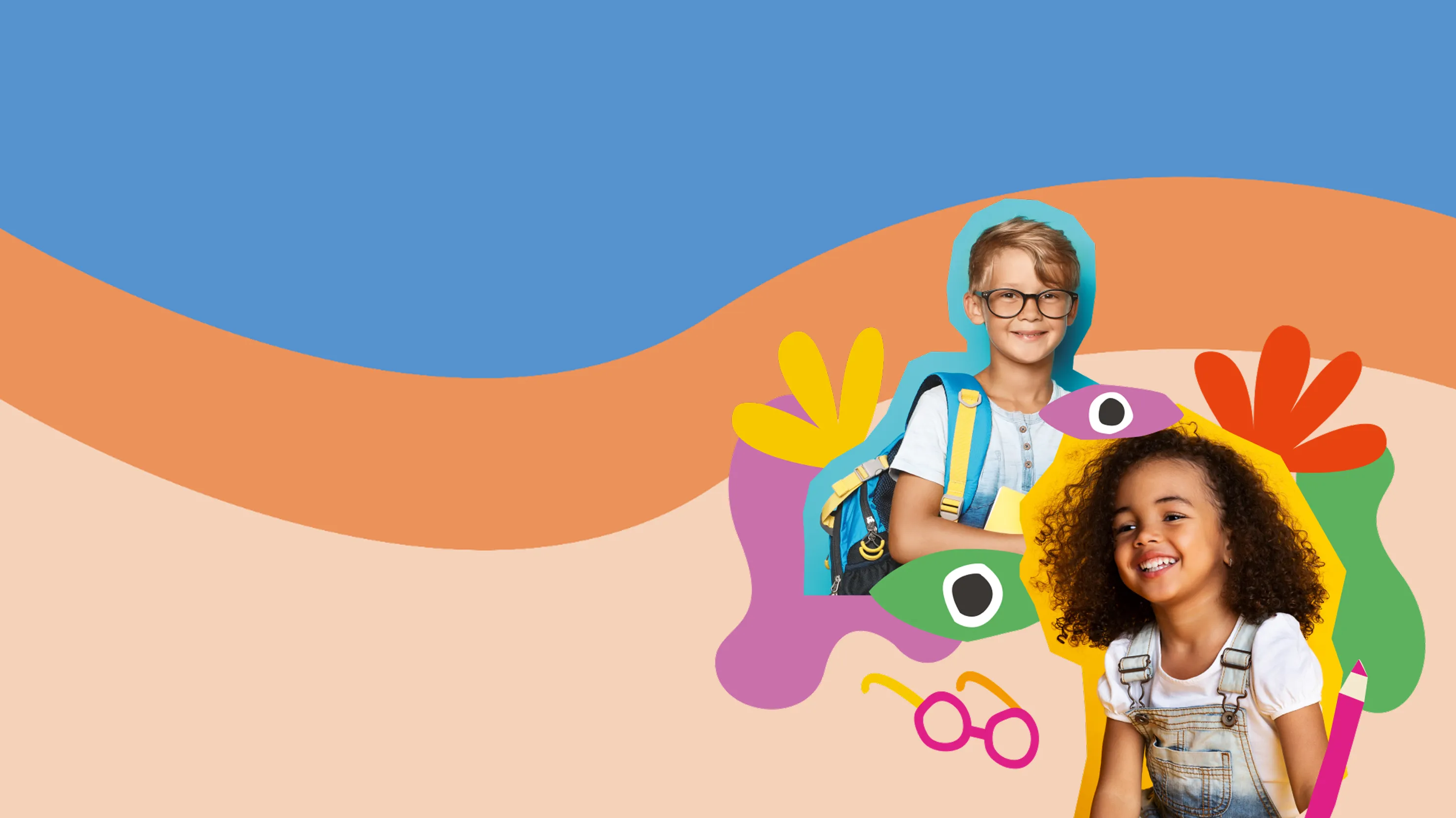 Smiling boy with glasses and backpack and smiling girl with curly hair on colorful abstract background.