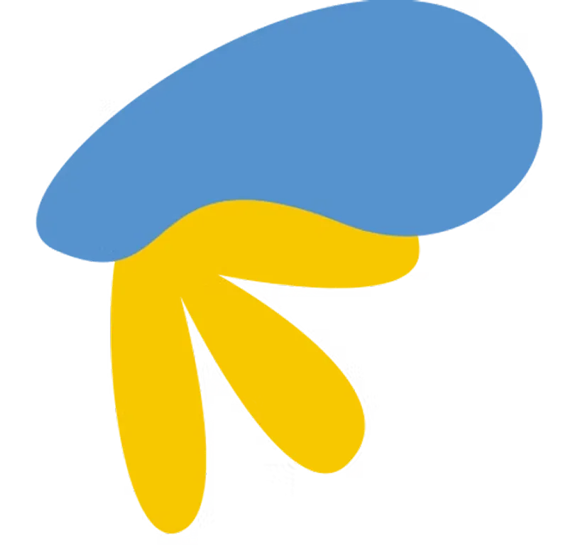 Blue abstract shape overlapping two yellow petal-like shapes on a transparent background.