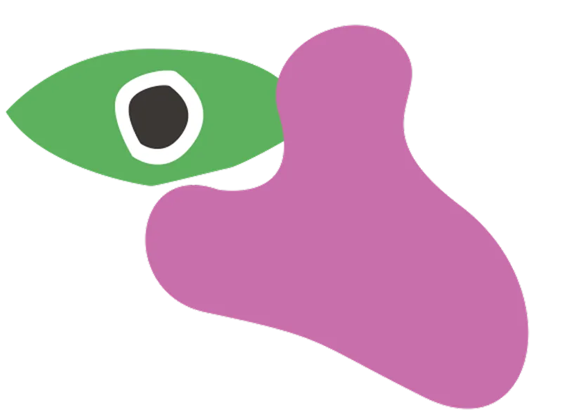 Abstract green leaf shape with a black and white eye-like circle and an adjacent irregular purple form.