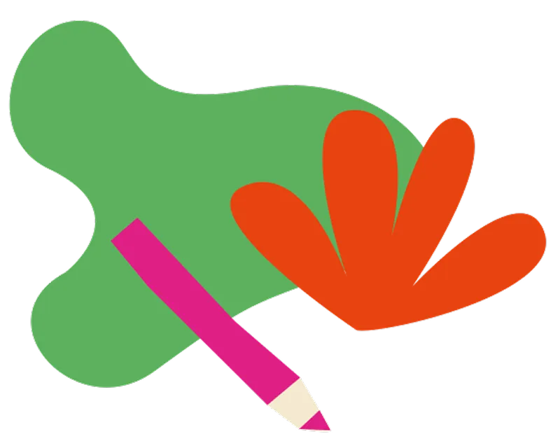 Pink pencil drawing over abstract green and orange organic shapes on a transparent background.