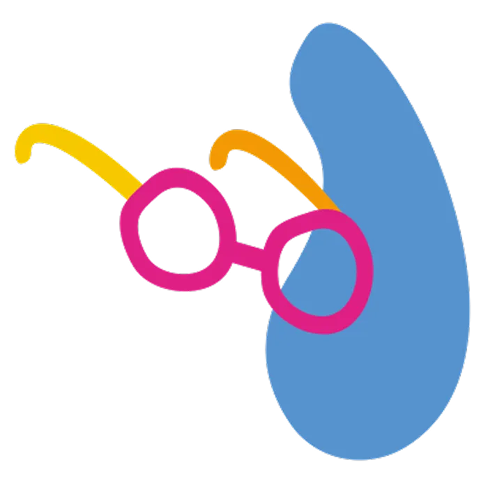 Pink round glasses with yellow and orange temples over a blue kidney-shaped background.