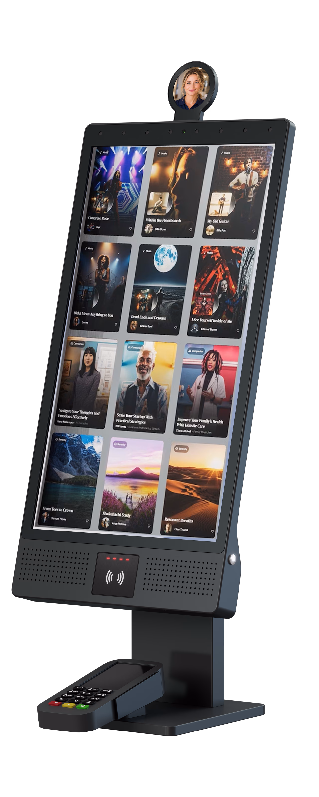 Napster Station kiosk with a 21.5-inch touchscreen and circular Napster View display on a desktop stand.