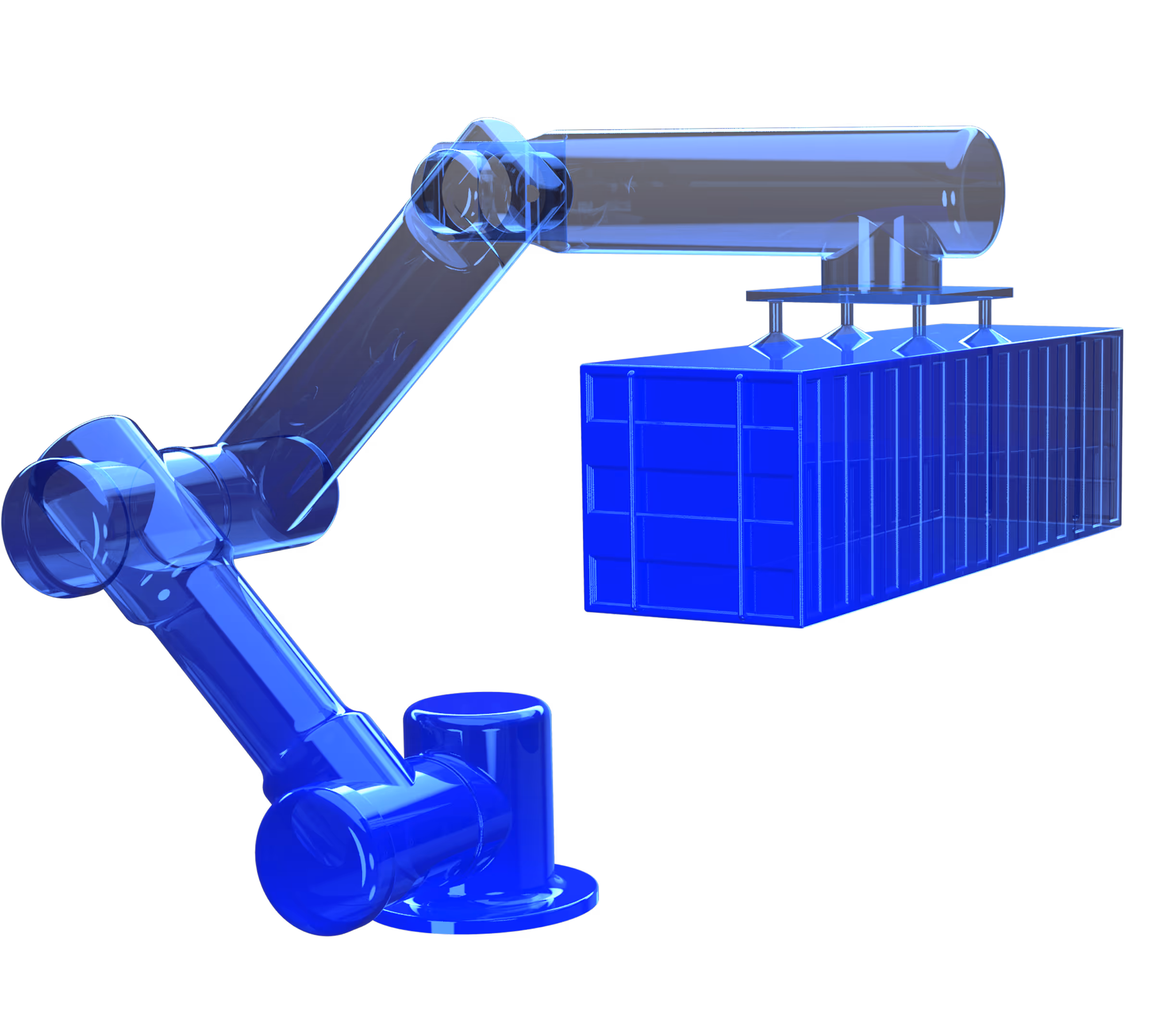 Blue transparent robotic arm holding a blue shipping container on a black background.