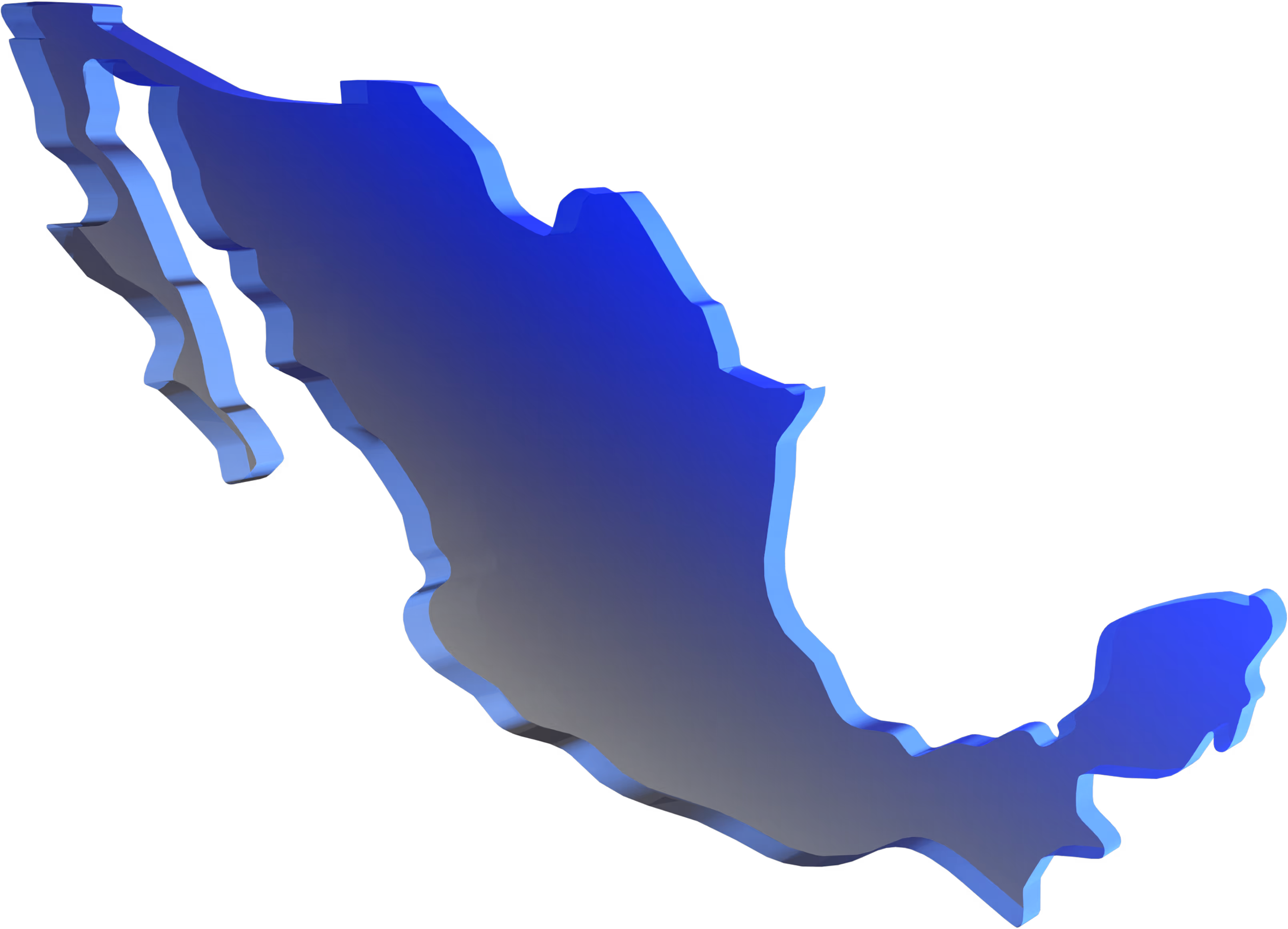 3D blue map of Mexico with depth and shading on a black background.
