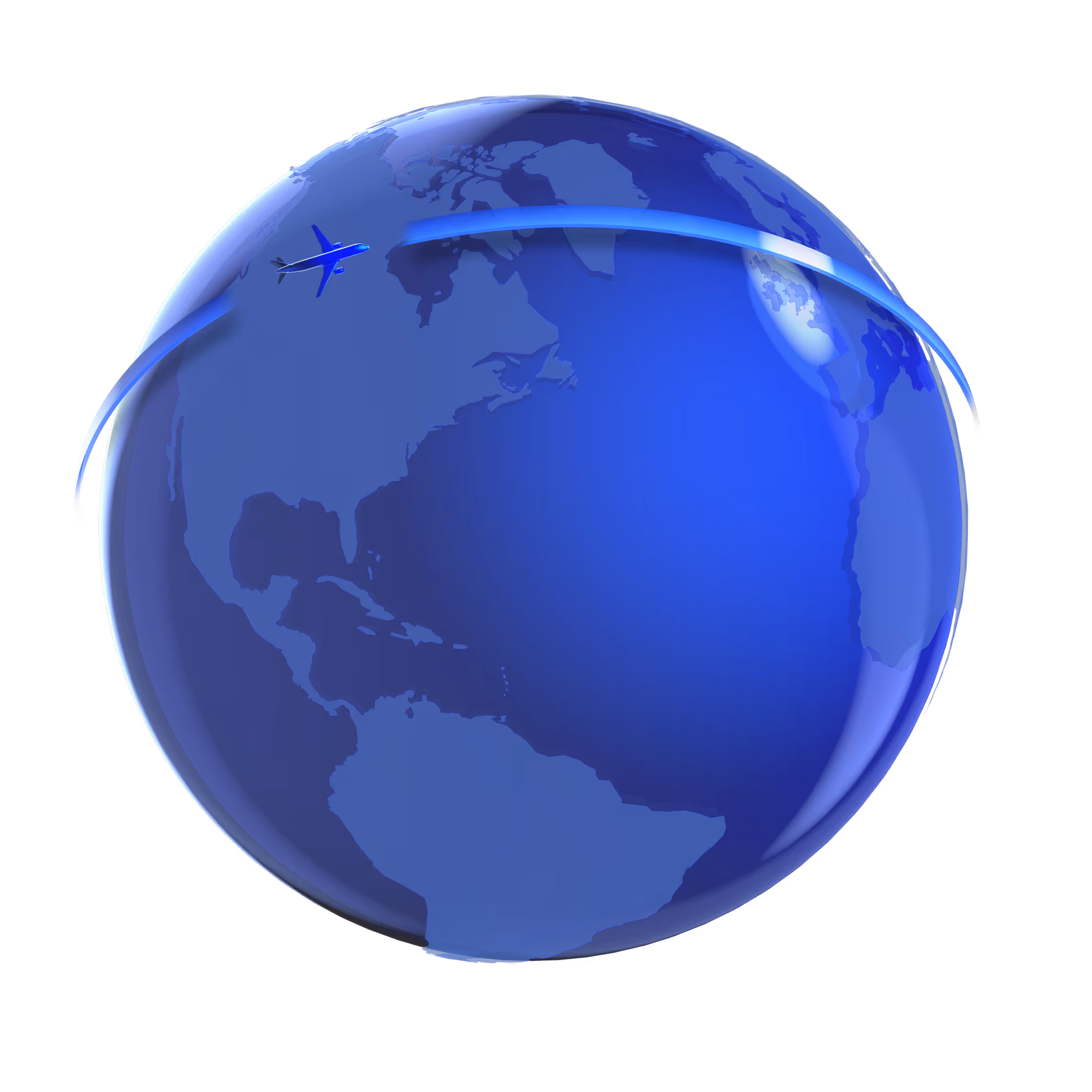 Blue globe showing Americas with an airplane and a curved flight path across the Atlantic Ocean.