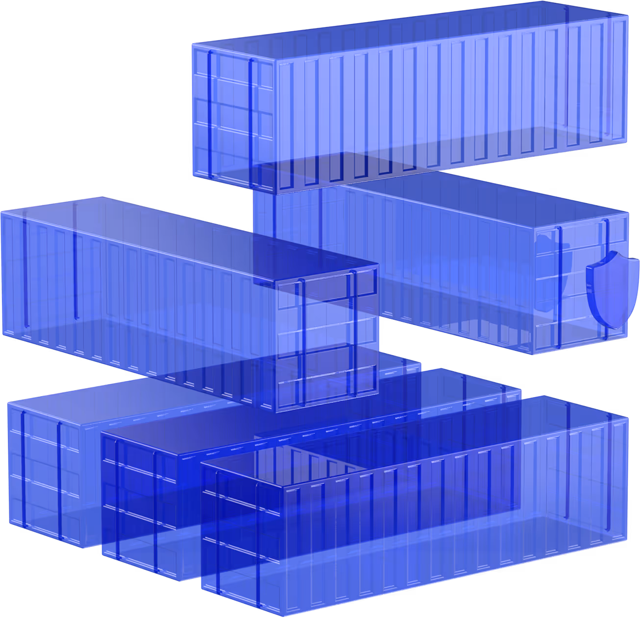 Transparent blue 3D shipping containers, one with a shield icon on its side.