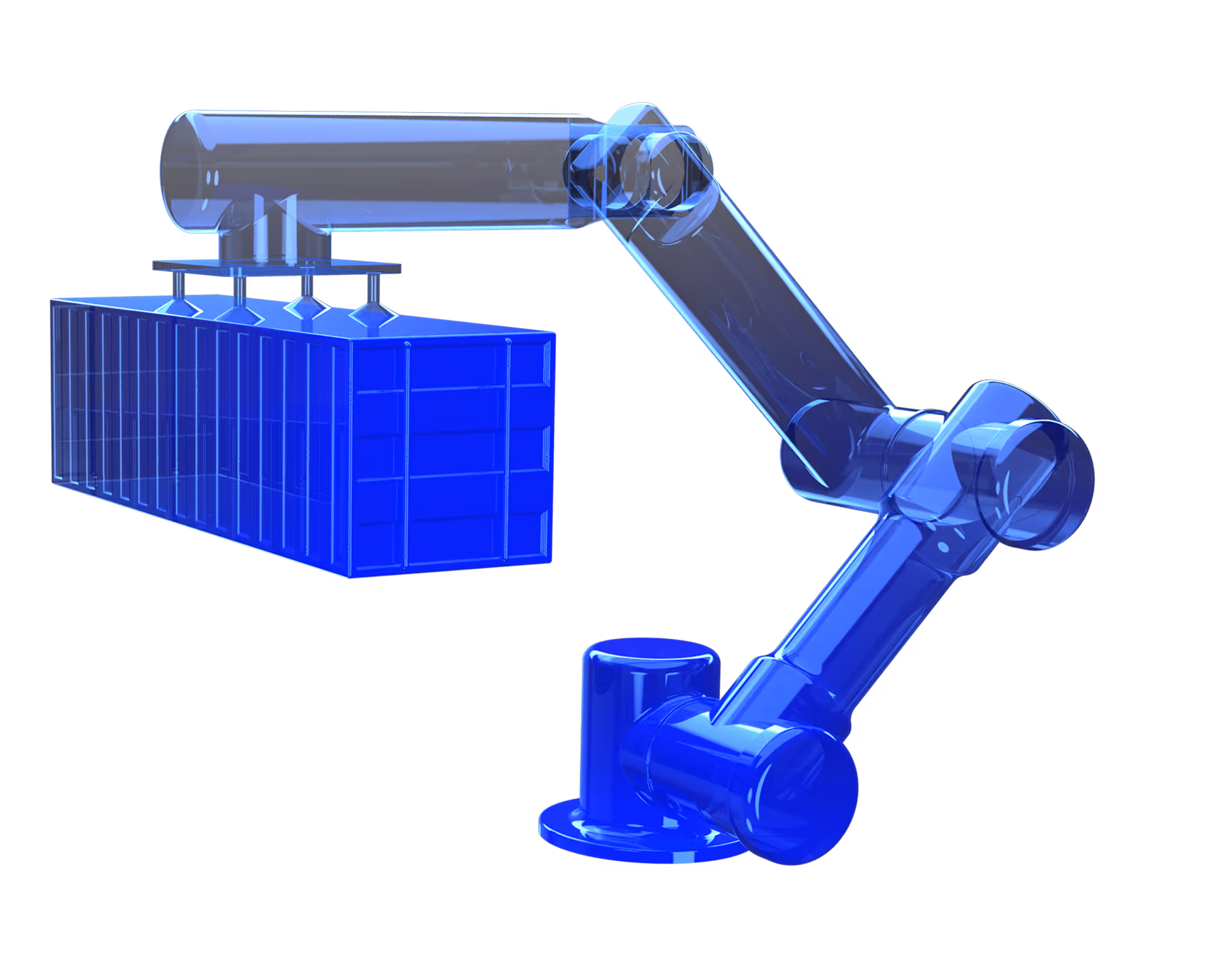 Blue transparent robotic arm lifting a shipping container on a black background.