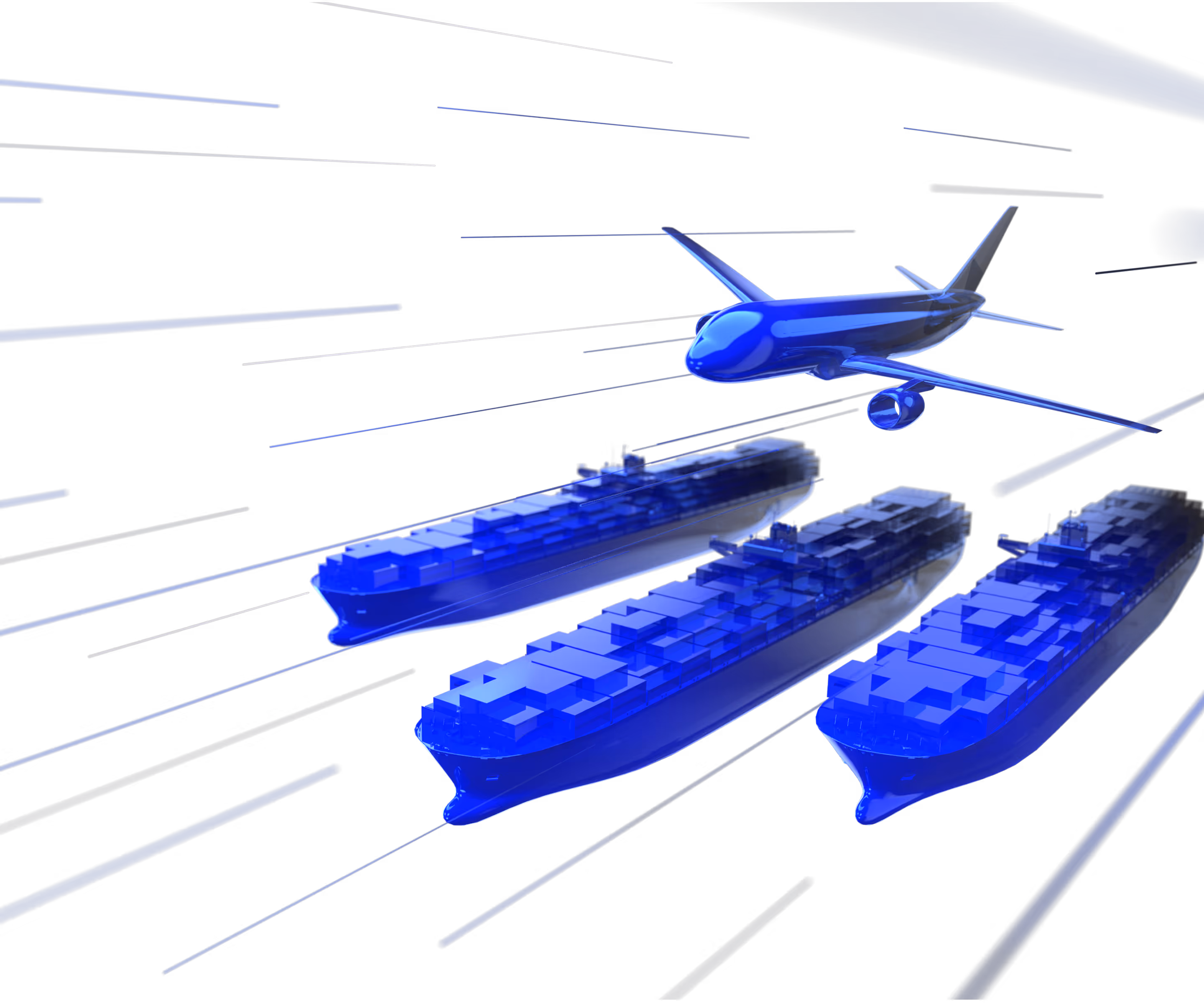 Blue airplane flying above three blue cargo ships with motion lines on a black background.