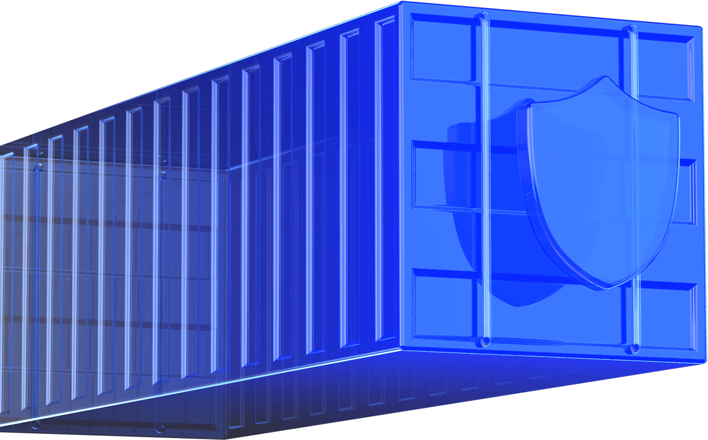 Transparent blue shipping container with a shield symbol on the front side.