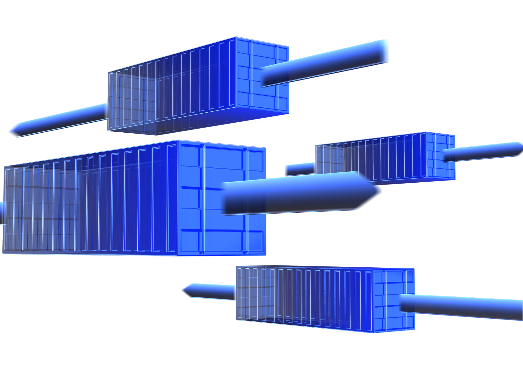 Blue 3D shipping containers with translucent arrows going through them on a black background.