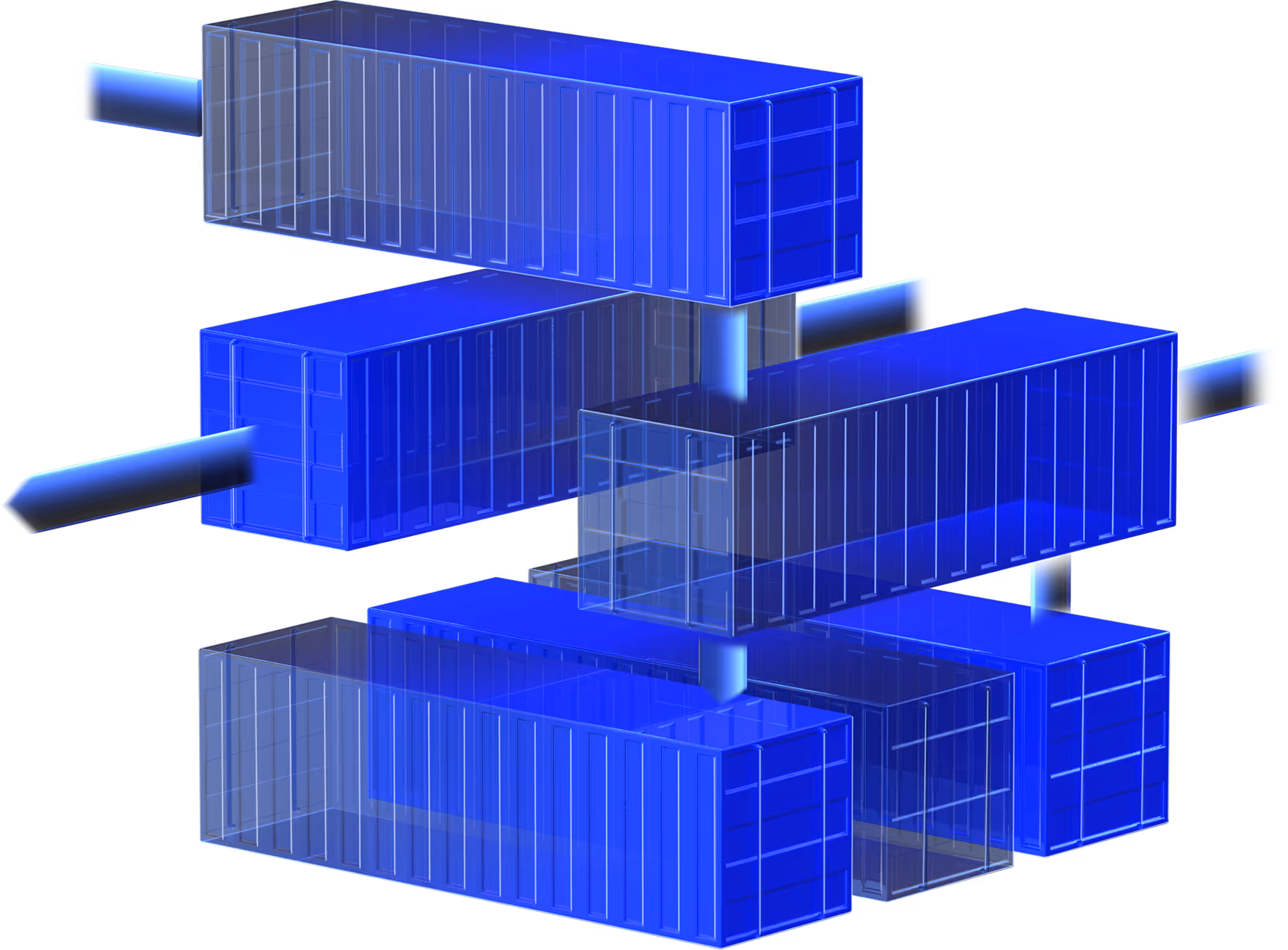 Transparent blue 3D containers connected by horizontal and vertical pipes on black background.