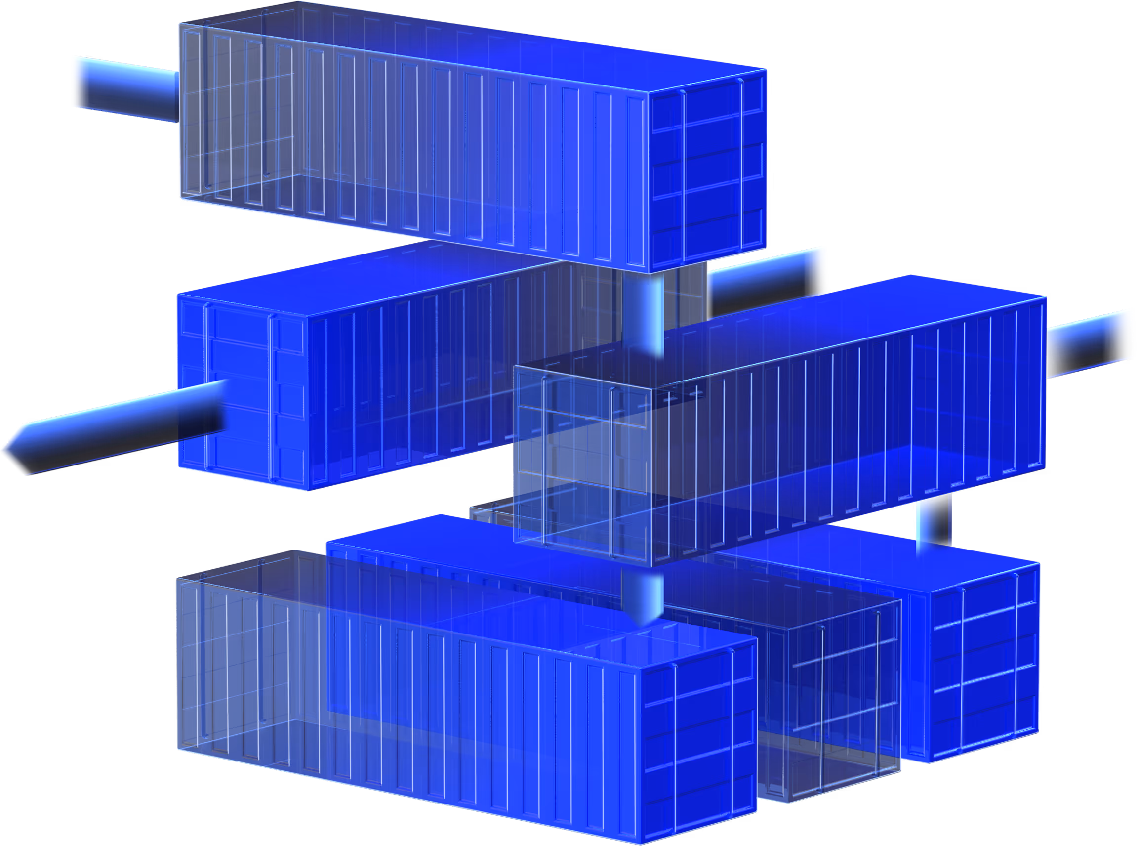 Blue translucent 3D blocks connected by vertical and horizontal rods in a layered arrangement.