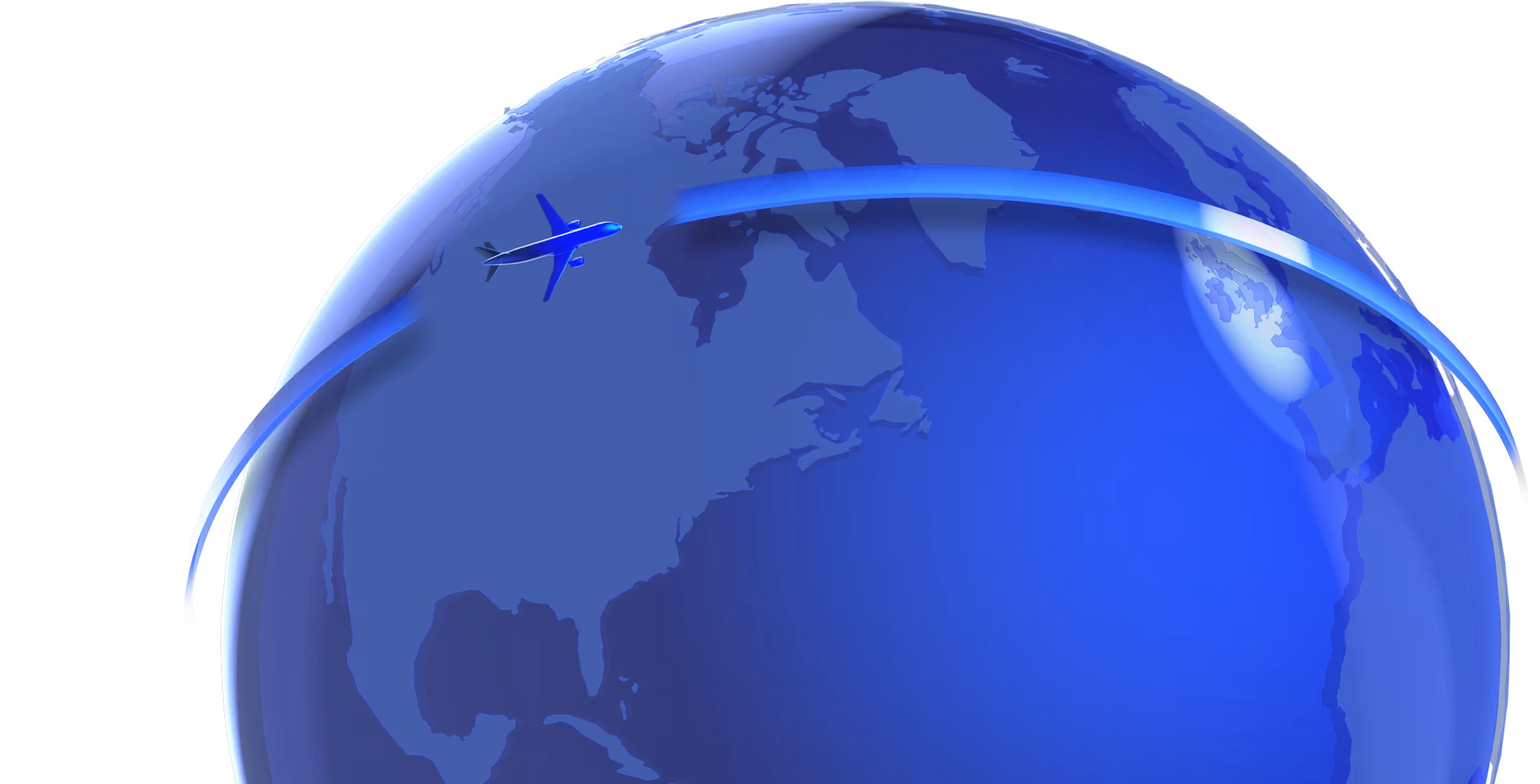 Blue globe showing North America and Europe with a plane crossing the Atlantic Ocean.