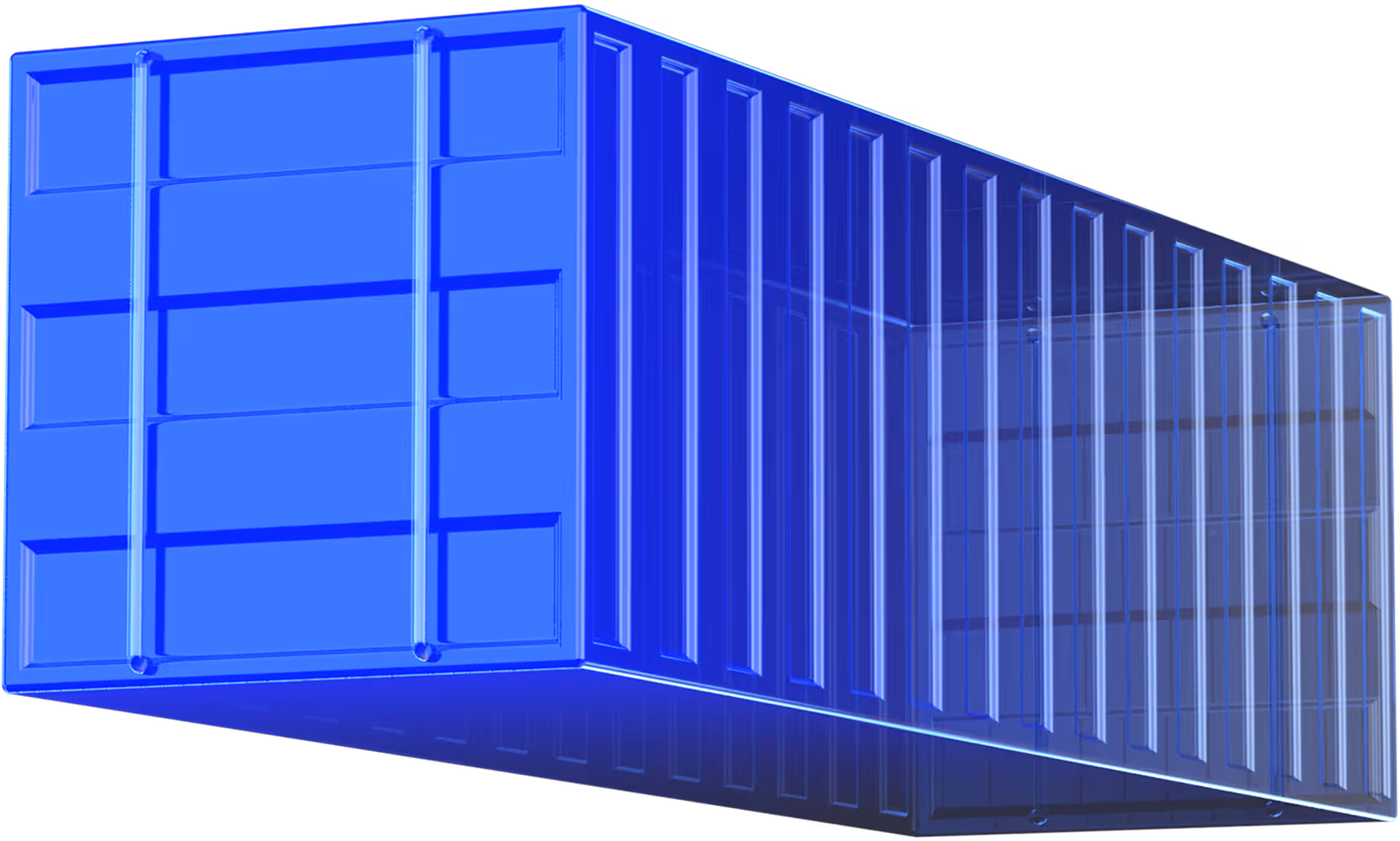 Transparent blue 3D shipping container showing structural details from an angled view.