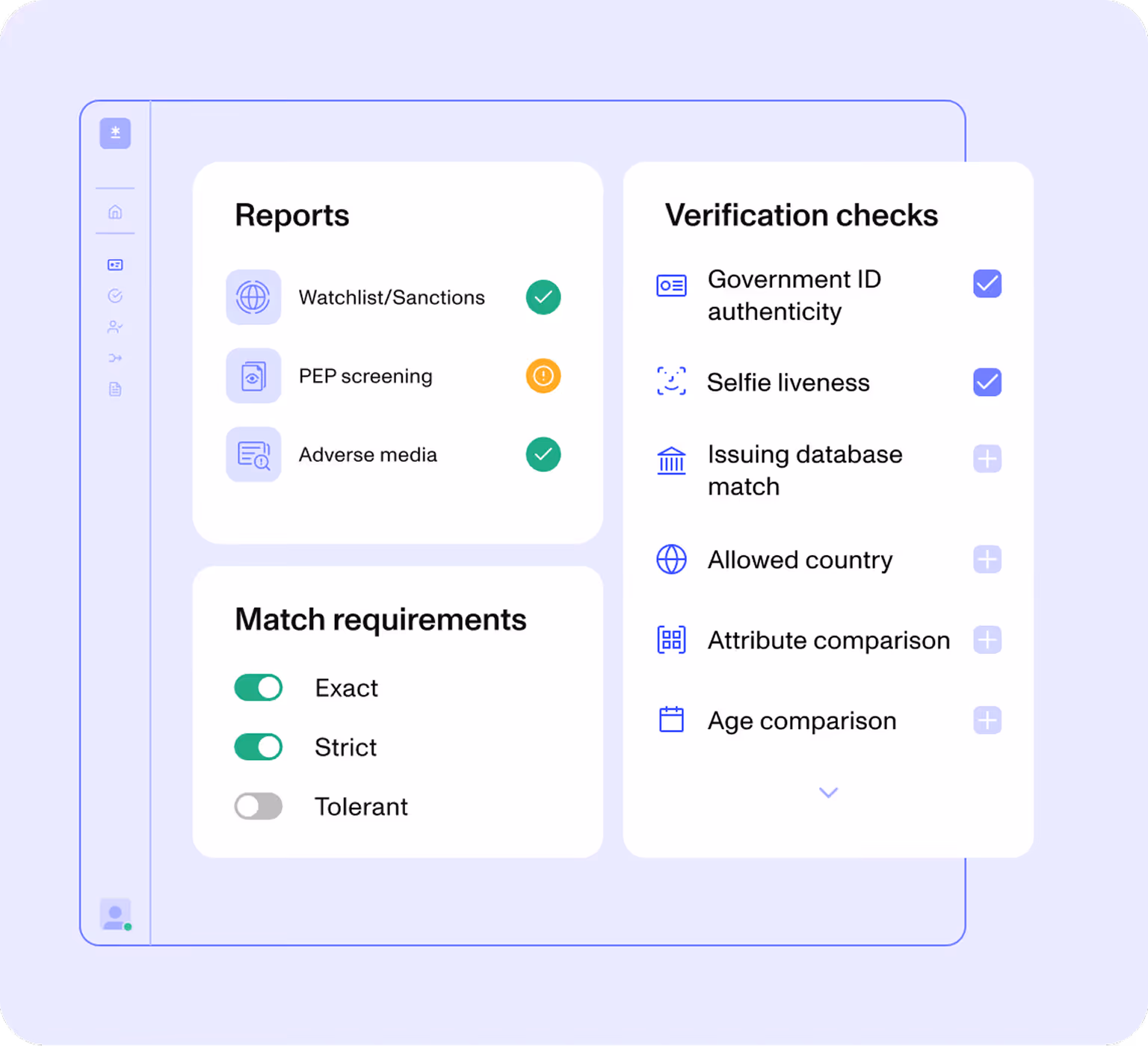 Dashboard showing reports with status, match requirement toggles, and verification checks with checkboxes and icons.