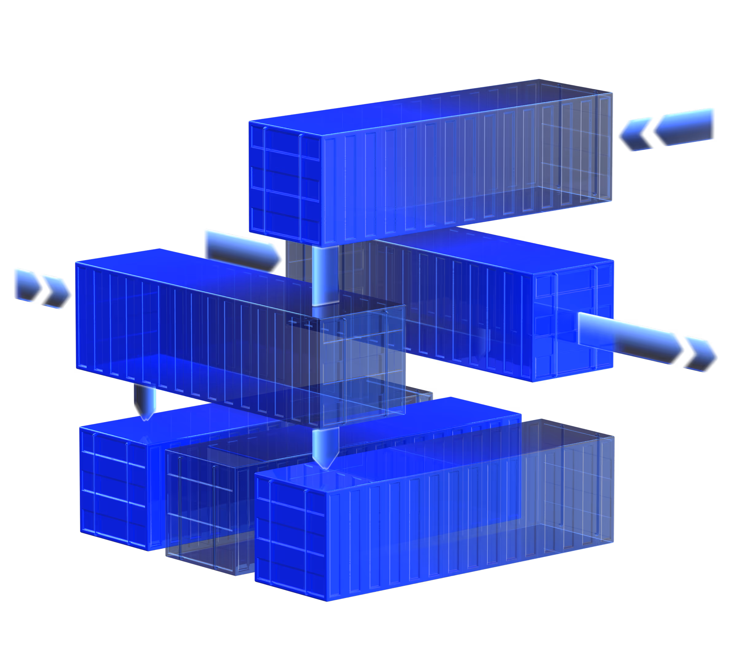 Blue transparent rectangular containers connected by arrows indicating data flow in a network structure.