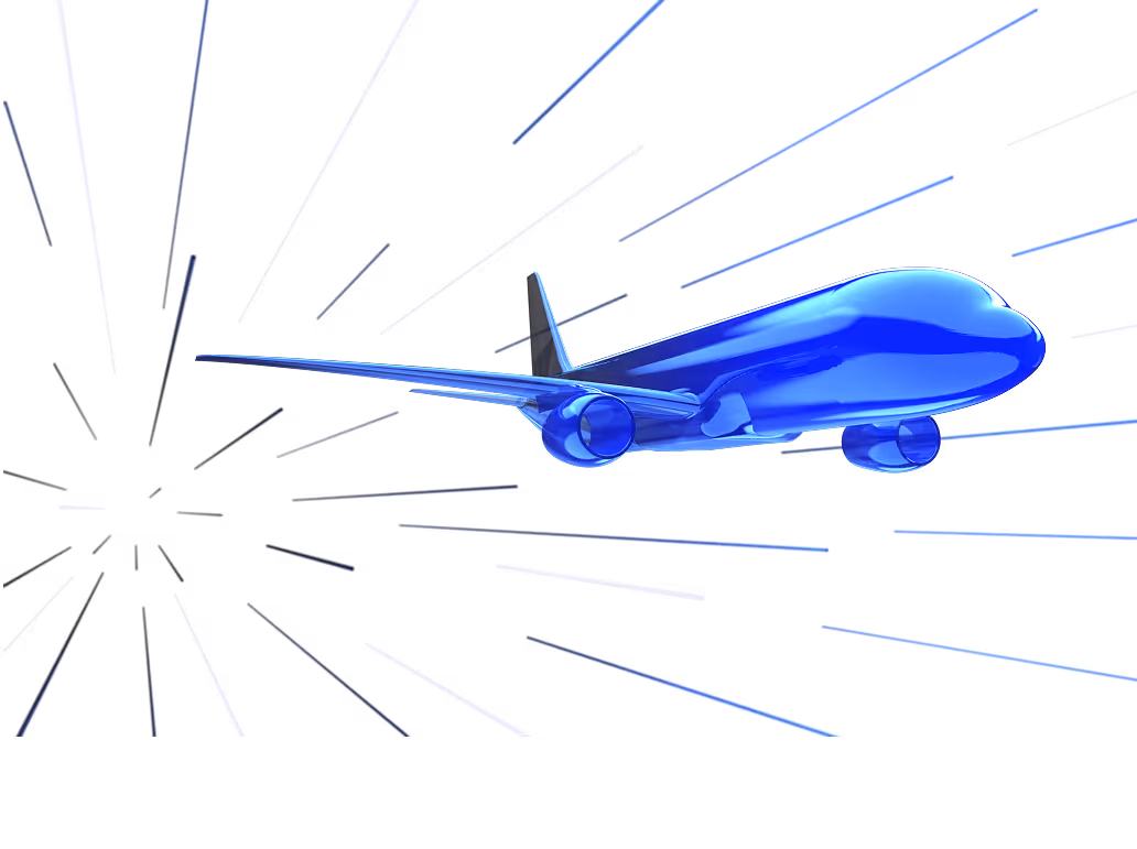 Blue translucent airplane with speed lines radiating backward on black background.