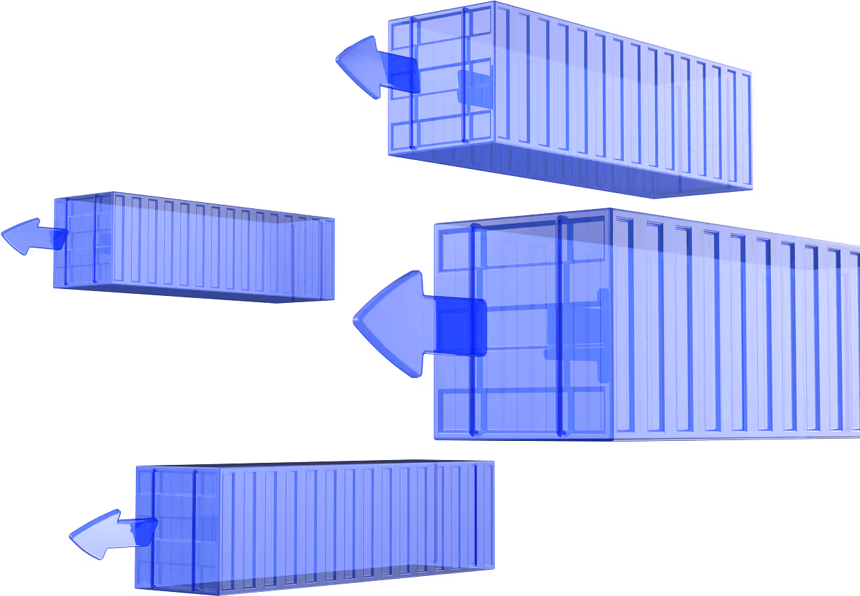 Blue transparent shipping containers with large blue arrows pointing outward from each container door.